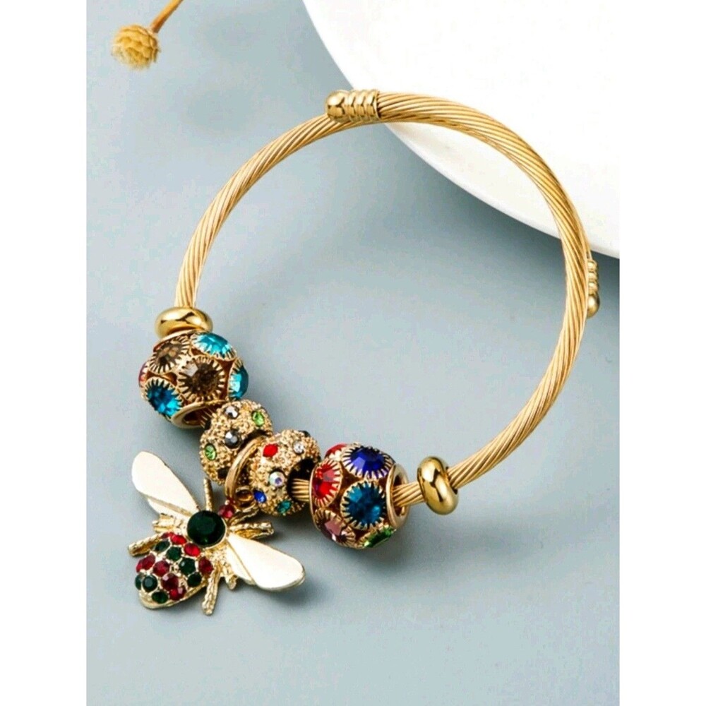 14k Gold Plated Stainless Steel Open Bracelet with Metallic Pendants for...